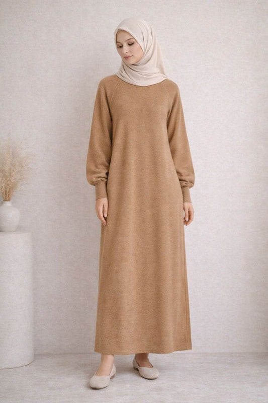 Strickkleid mit Ballonärmel - Nerzbraun