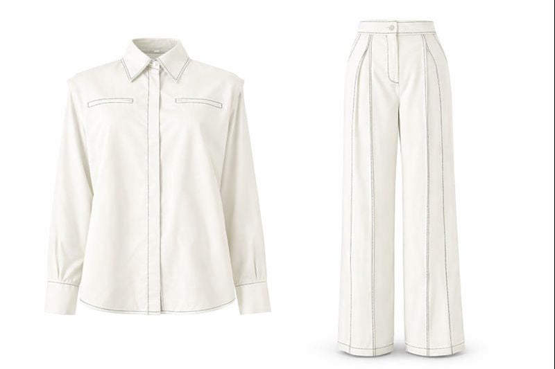 Zweiteilges Set mit verdeckter Knopfleiste und Ziernähte - Weiß