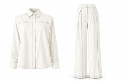 Zweiteilges Set mit verdeckter Knopfleiste und Ziernähte - Weiß