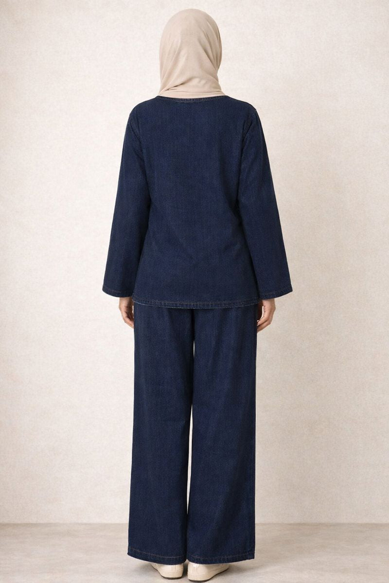 Zweiteiliger Jeans-Anzug mit seitlichem Tie-Front - Dunkelblau