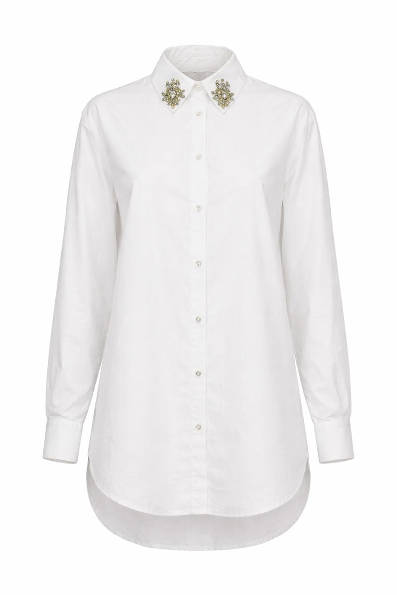Bluse mit Steindetail am Kragen - Weiß