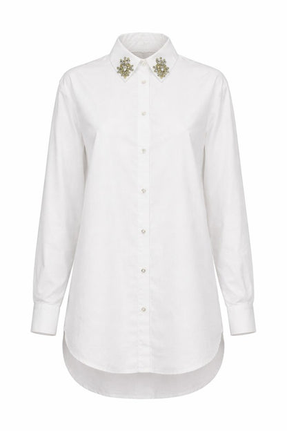 Bluse mit Steindetail am Kragen - Weiß