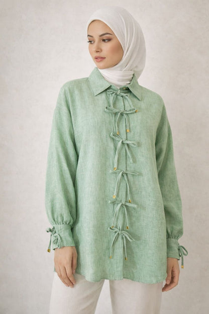 Bluse mit Tie-Front und Ärmelschleife - Hellgrün