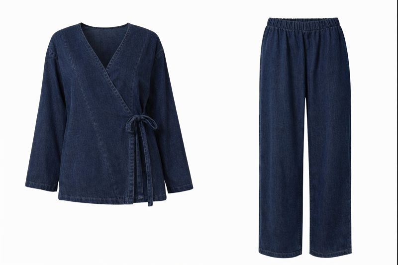 Zweiteiliger Jeans-Anzug mit seitlichem Tie-Front - Dunkelblau