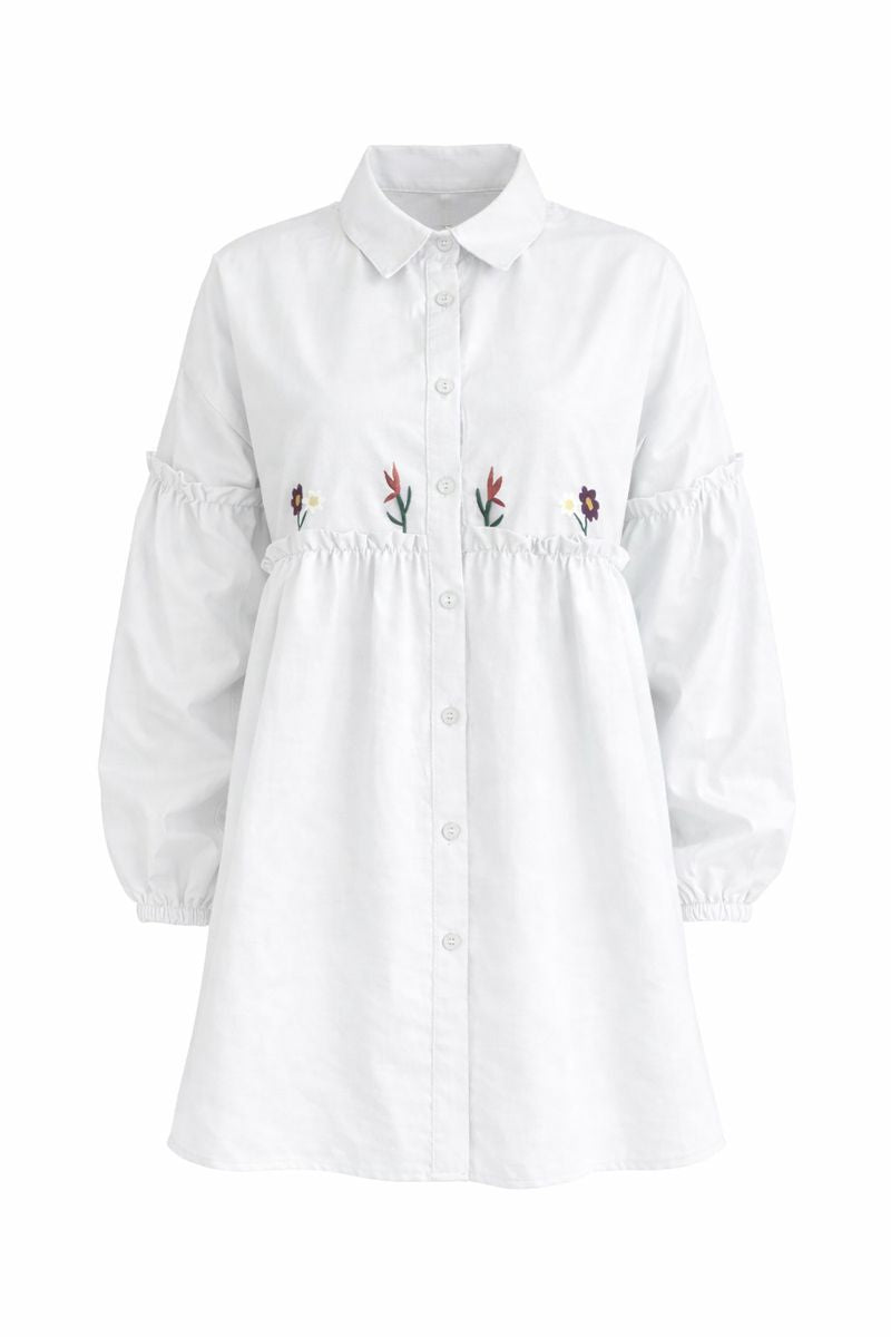 Plissee-Bluse mit Blumenstickerei - Weiß