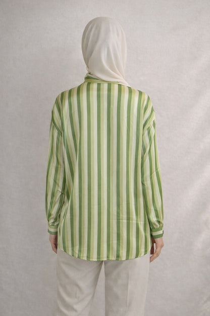 Satinbluse mit Streifenmuster - Grün