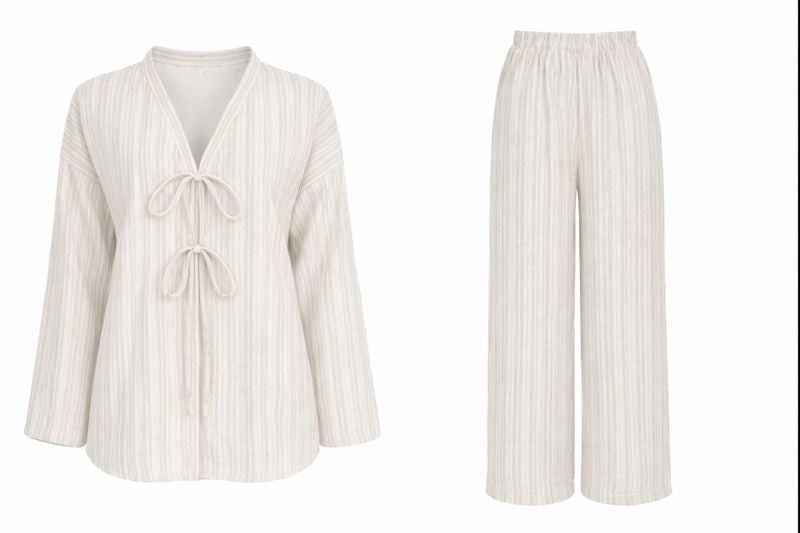 Zweiteiliges Kimonoset mit Tie-Front-Top - Beige