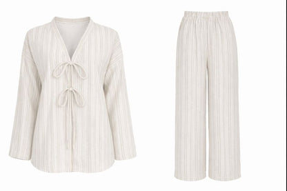 Zweiteiliges Kimonoset mit Tie-Front-Top - Beige