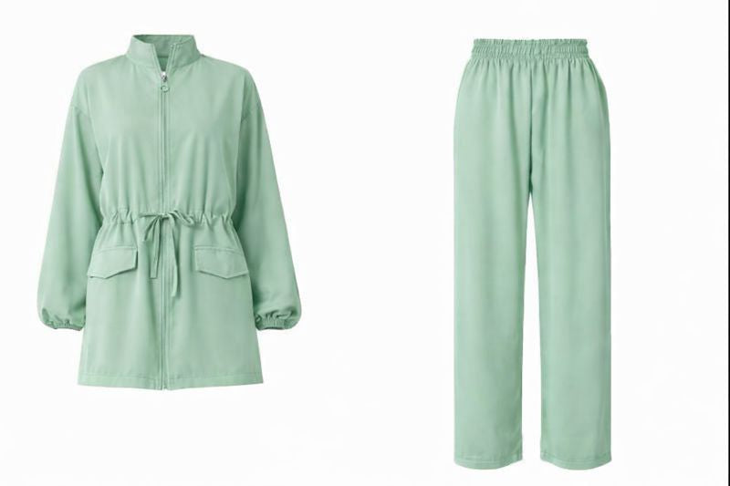 Zweiteiliges Set mit Ballonärmel und Taillengürtel - Grün