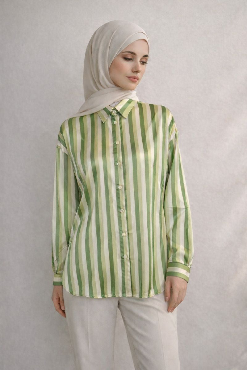 Satinbluse mit Streifenmuster - Grün