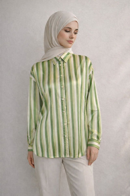 Satinbluse mit Streifenmuster - Grün