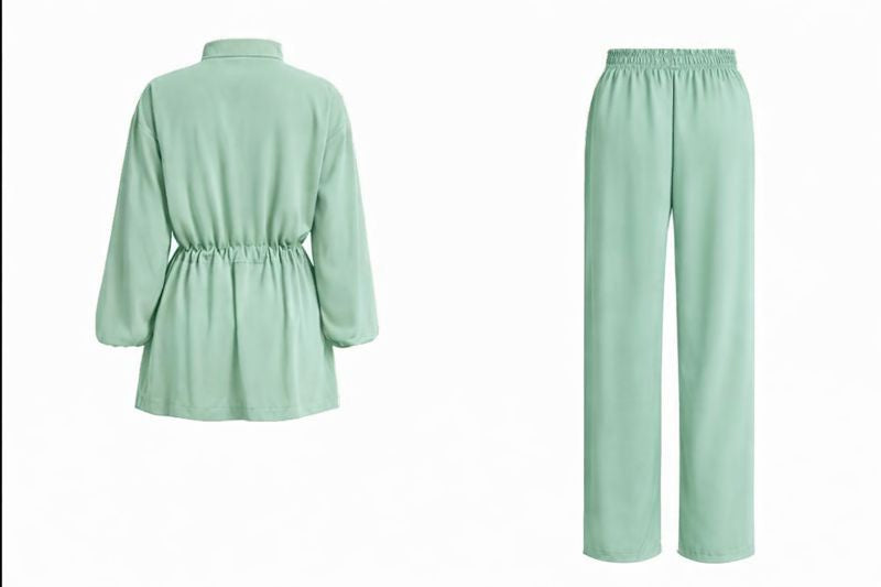 Zweiteiliges Set mit Ballonärmel und Taillengürtel - Grün