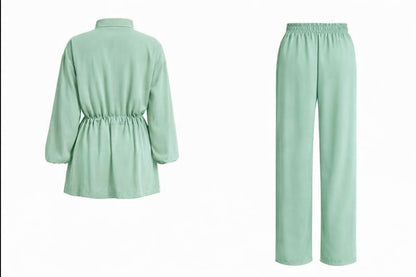 Zweiteiliges Set mit Ballonärmel und Taillengürtel - Grün