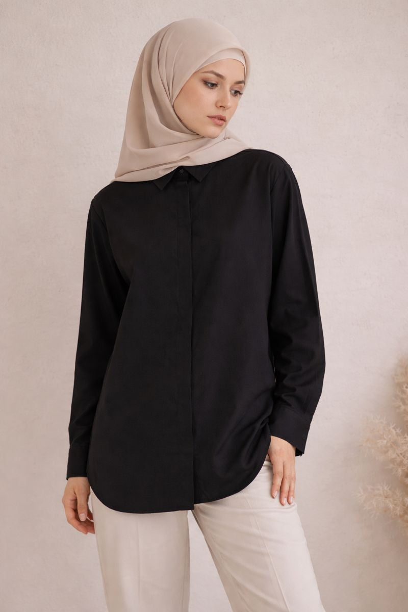 Basic Hemd mit verdeckter Knopfleiste - Schwarz