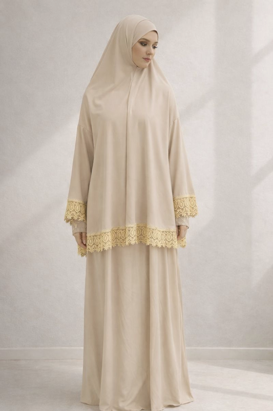 Zweiteilige Gebetskleidung mit Spitze - Beige