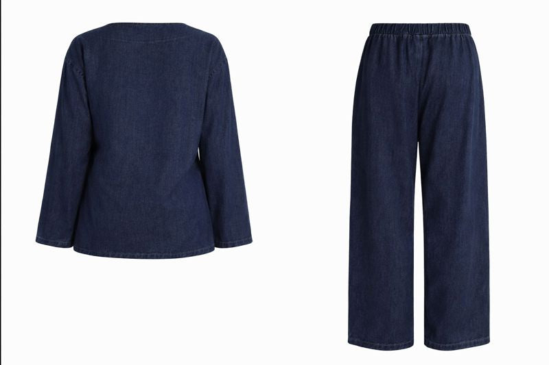 Zweiteiliger Jeans-Anzug mit seitlichem Tie-Front - Dunkelblau