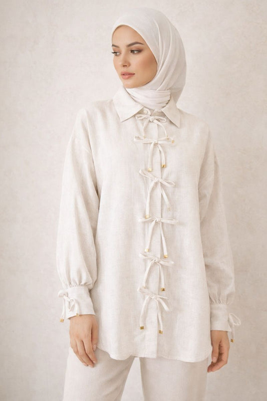 Bluse mit Tie-Front und Ärmelschleife - Weiß