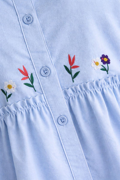 Plissee-Bluse mit Blumenstickerei - Blau