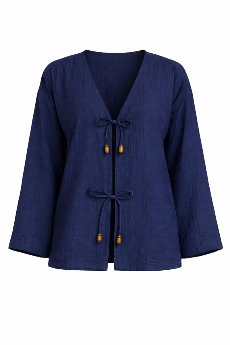 Zweiteiliges Set mit Tie-Front-Top und Zierperlen - Marineblau